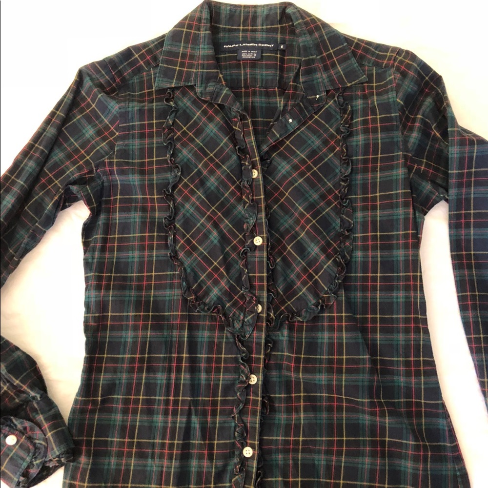 Ralph Lauren Green ruffle plaid button down